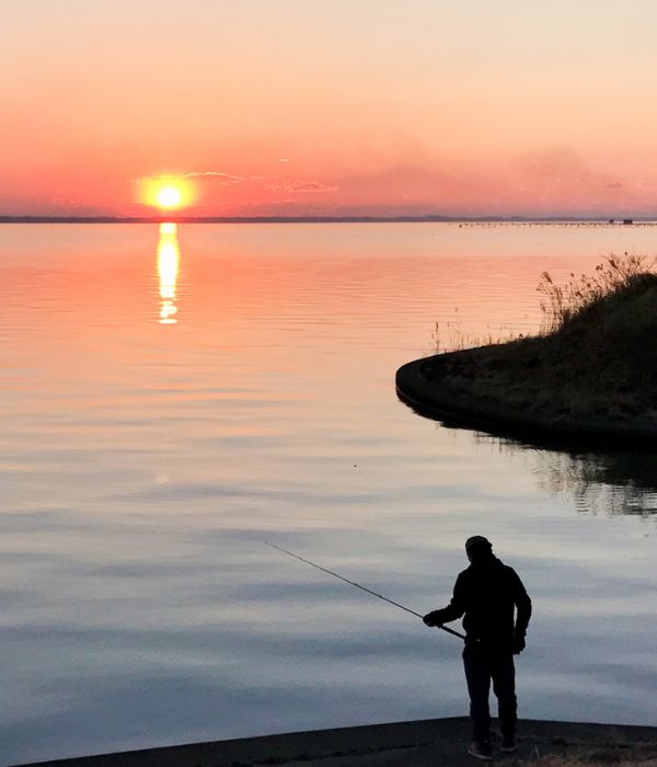 夕焼けの中の釣り